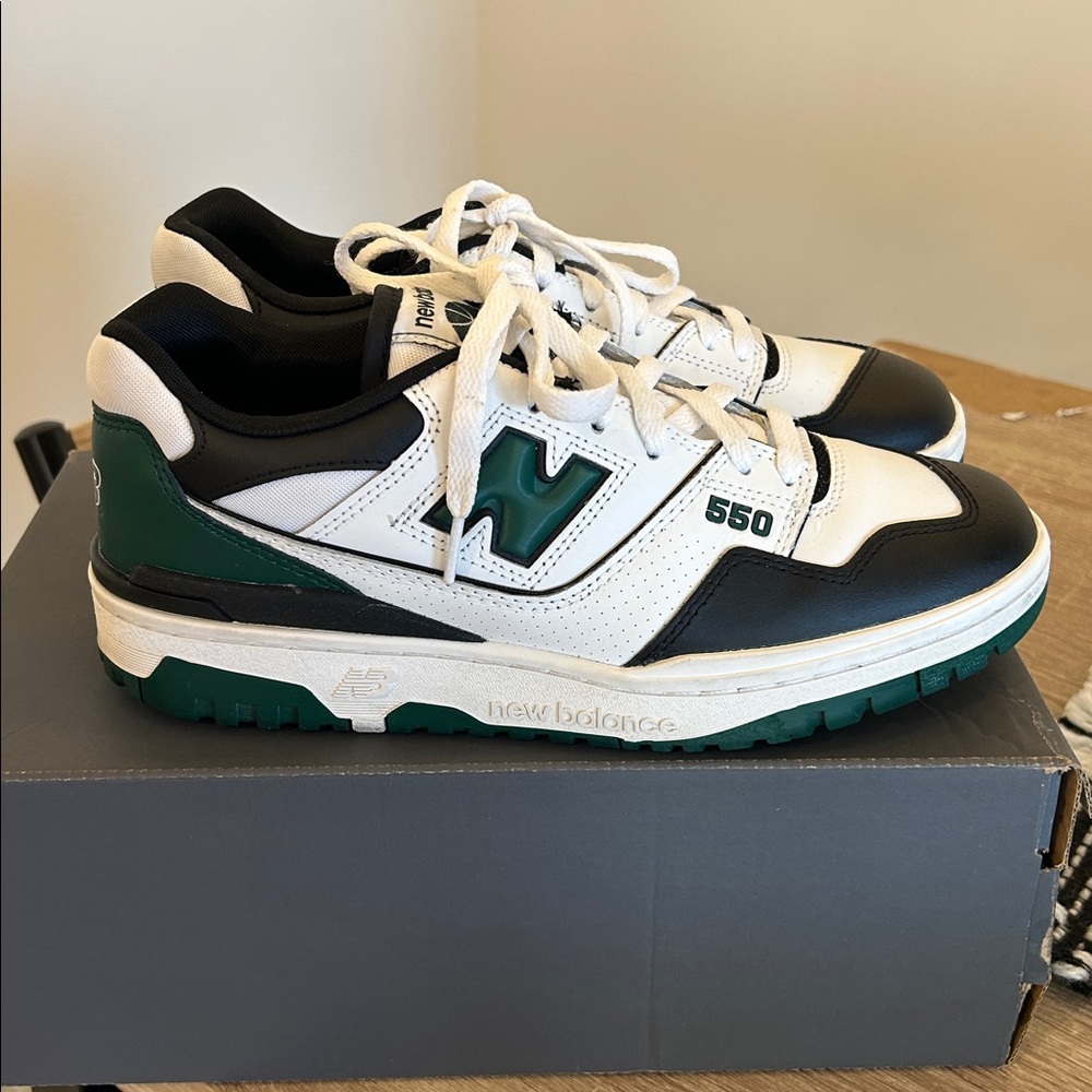 New Balance 550 Black and White Sneakers with Green Accents